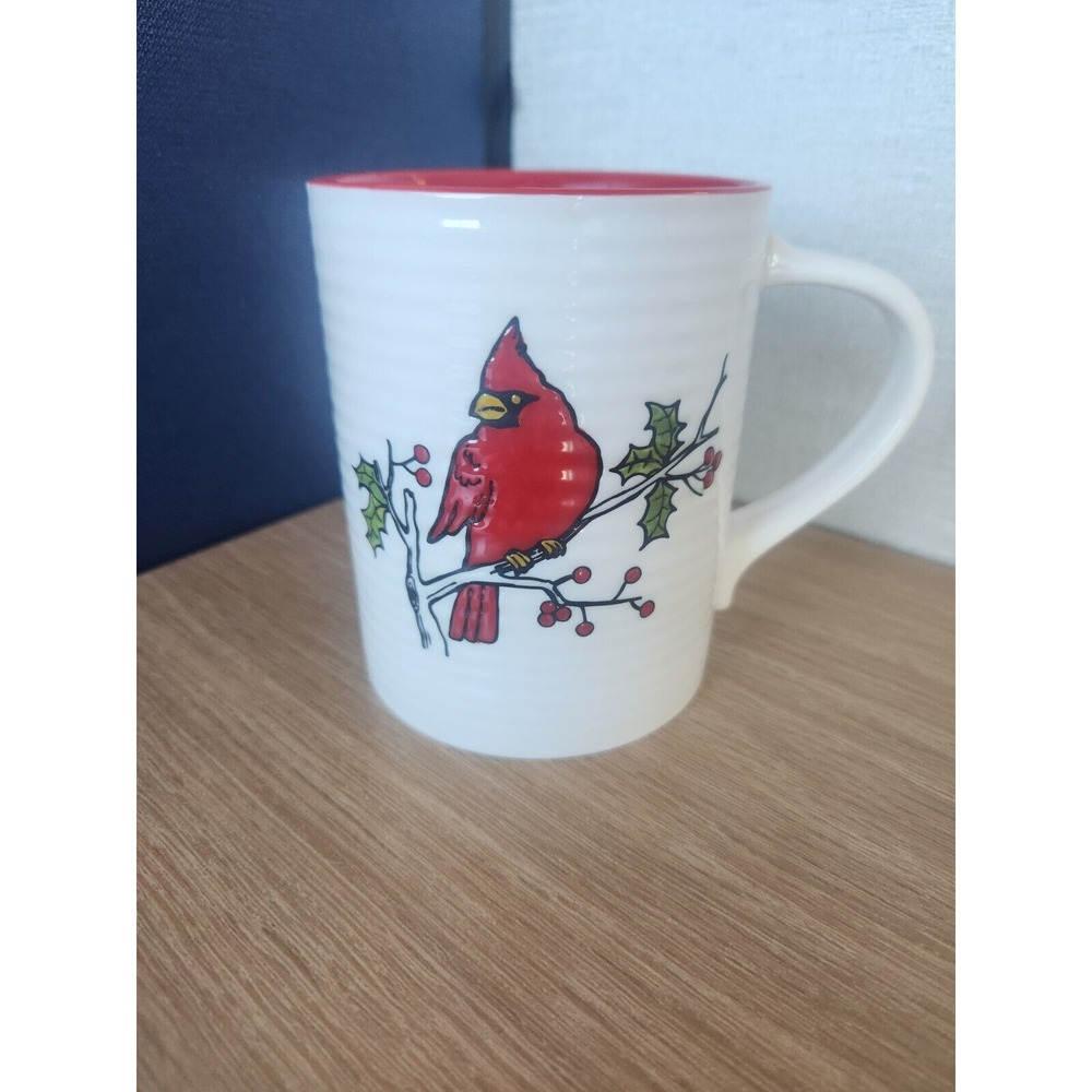 Red Cardinal Bird Winter‎ Ribbed White Coffee Or Tea Mug With Red Lining